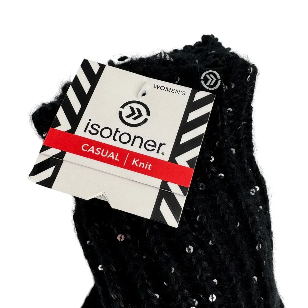 Isotoner Black Sequin Womens Mittens Cable Knit Sherpasoft Lining Shimmer Cozy - Picture 8 of 10